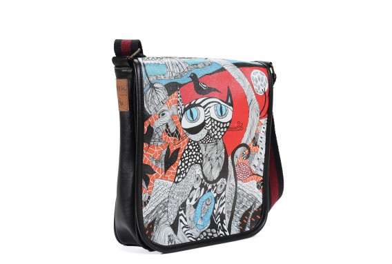 Τσάντα Ταχυδρόμου Χιαστί με Σχέδιο Γάτα Ζωγραφισμένη με Κολάζ